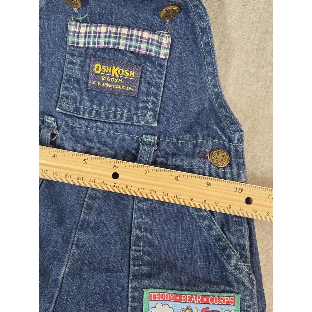 Vintage Oshkosh Baby B Gosh Denim Overalls 12M Airplane Teddy Bear Plaid‎ USA
